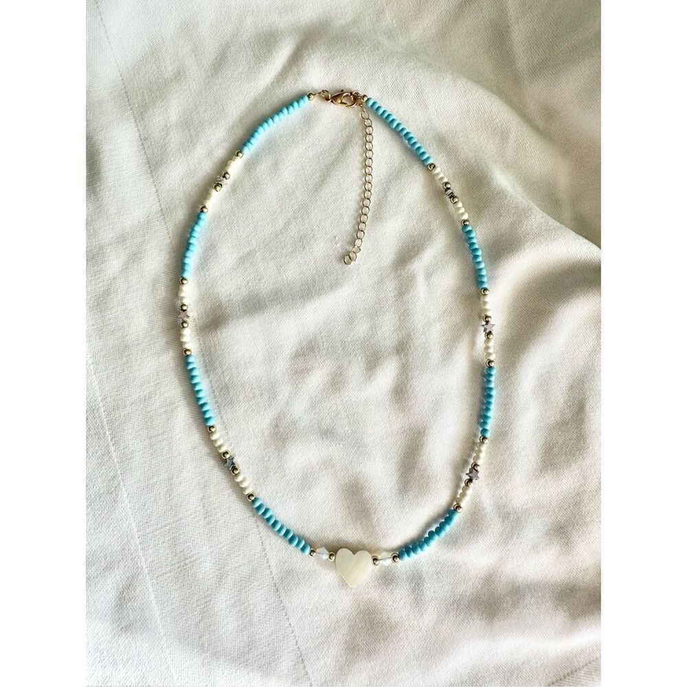 Multicolor blue and white beaded shell heart necklace